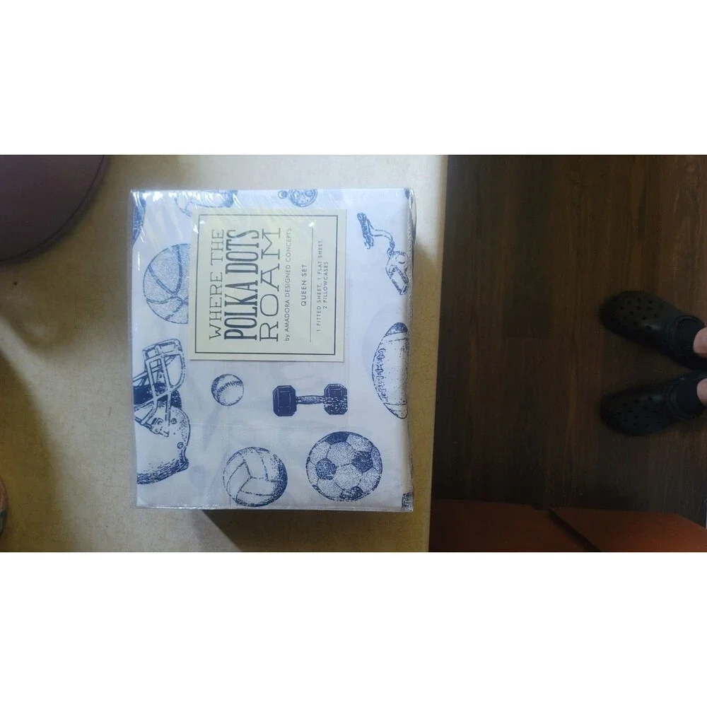Where The Polkadots Roam Queen Sheet Set 100% Cotton White/Blue Sports Print